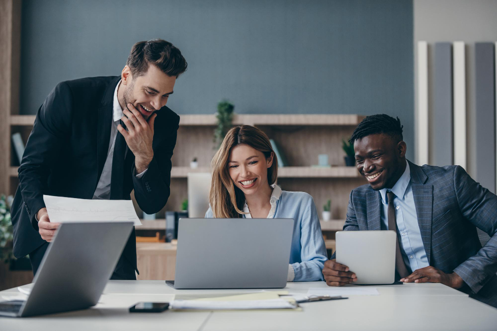 Executive team reviewing comprehensive solar energy savings report and sustainability metrics